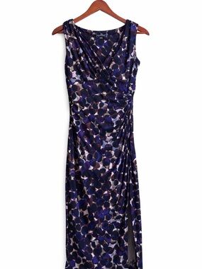 American Living Ruched Bodycon Midi Dress Size 2 V-Neck Stretch Side Slit